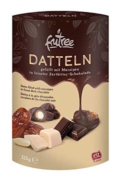 Datle plnené marcipánom v horkej čokoláde čerstvo vyrobené a balené priamo z baliarne Frutree