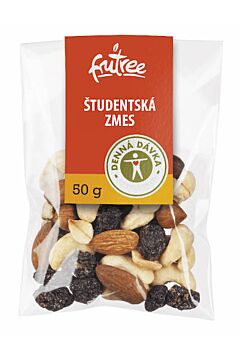 Študentská zmes - hrozienka, mandle, arašídy, vlašské, kešu, lieskové orechy čerstvo vyrobené a balené priamo z baliarne Frutree